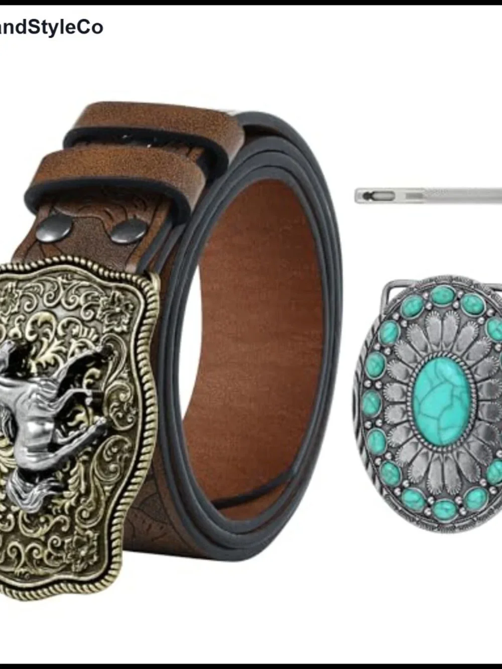 Cowboy Belt Set with Removable Mustang & Turquoise Buckles PU Leather
